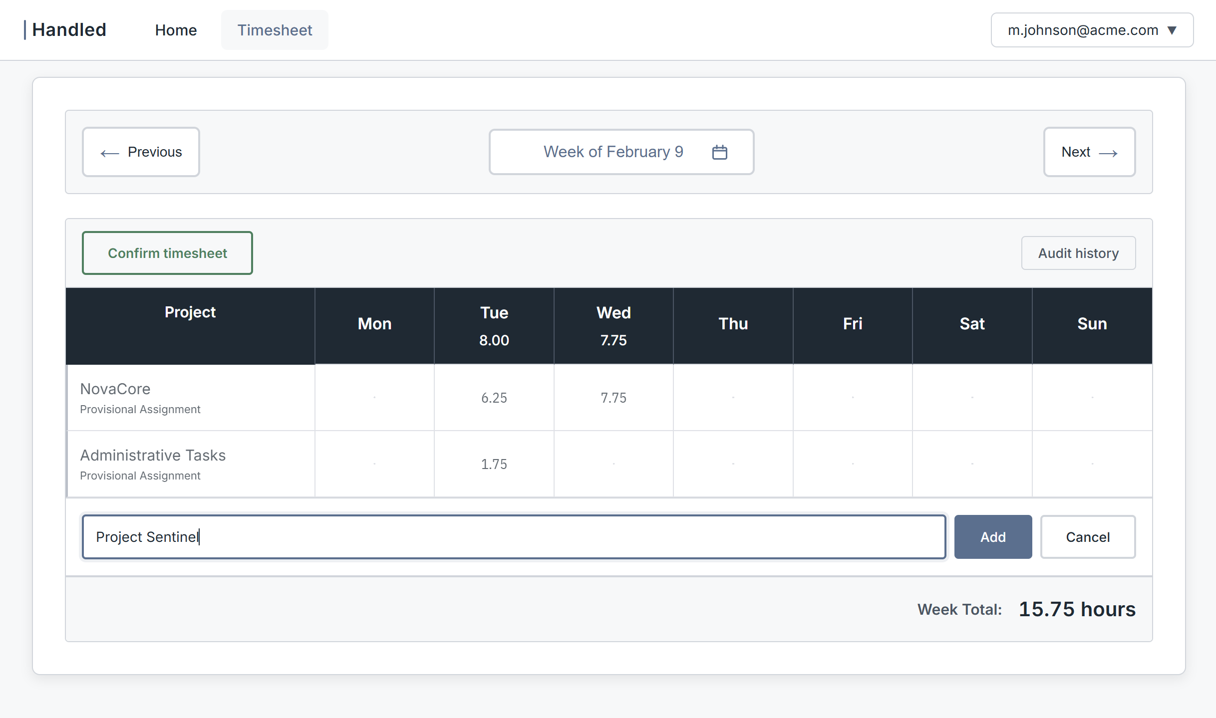 Timesheet with add-project dialog and provisional assignment labels